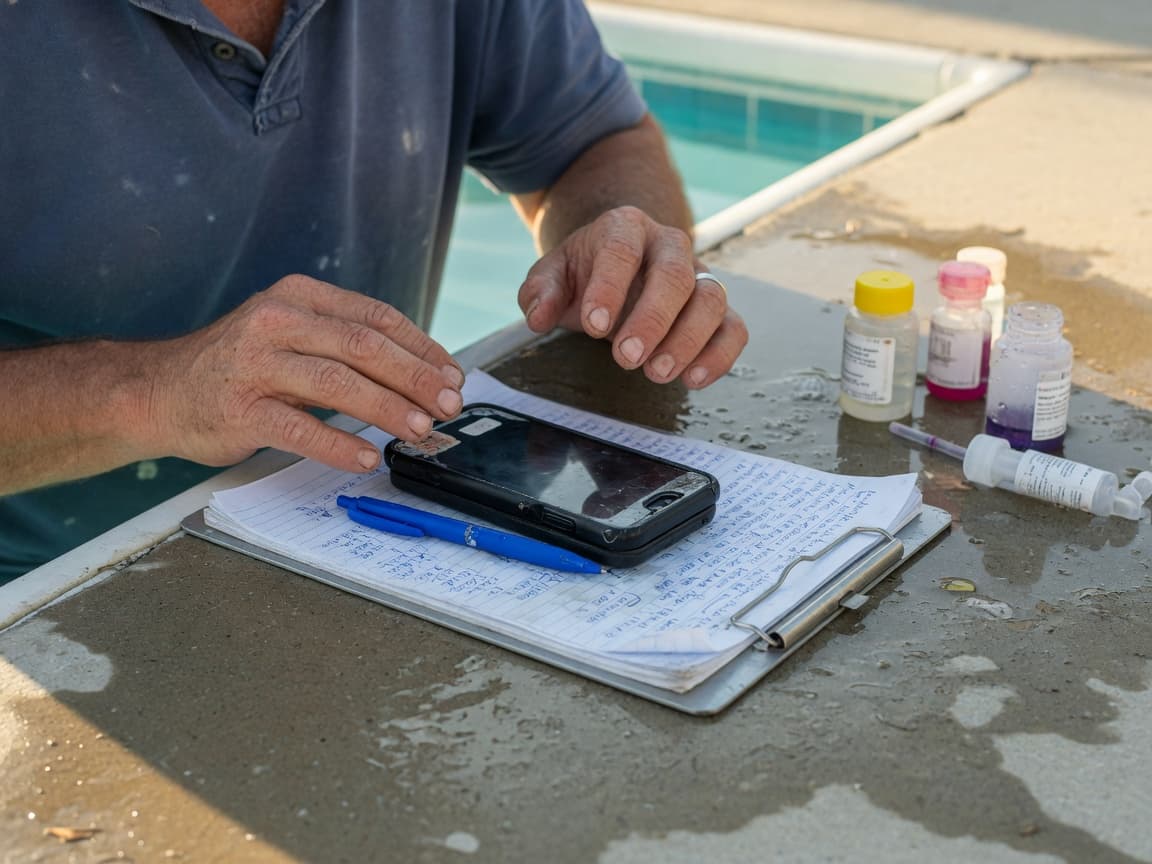 Pool tech phone and paper route notes on the pool deck